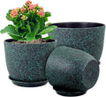 Plant Pots 10/9/8 inch, Set of 3 Modern Decorative Plastic Planters with Drainage Holes and Saucers for Garden House Plants, Flower Pots for Indoor Outdoor Plants, Black with Green Speckles-Ruum Studio Home