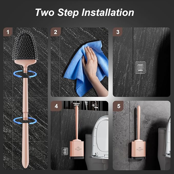 Sellemer Toilet Brush and Holder Set - Flexible Toilet Bowl Brush Head with Silicone Bristles, Compact Size for Storage and Organization, Ventilation Slots Base (1 Pack, Rose Gold)-Ruum Studio Home