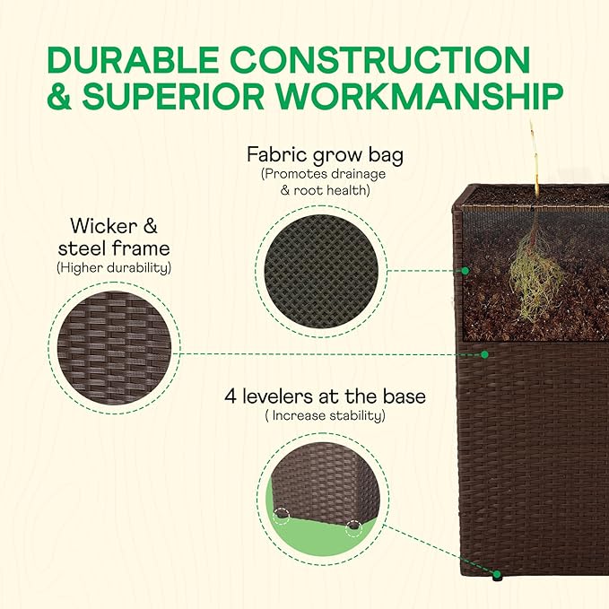 IDZO All Weather Wicker Planter Raised Garden Bed, 24 in Tall Round Rattan Flower Pots, Durable Self-Watering Indoor Outdoor Wicker Planters for Porch Patio Balcony-Ruum Studio Home