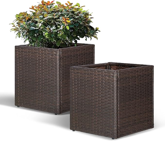 SUNNYPARK Set of 2 Large Square Planter with Removable Liner, All-Weather PE Rattan Modern Planters Indoor Outdoor Flower Plant Pots Garden Box Patio Yard Front Porch Deck-Ruum Studio Home