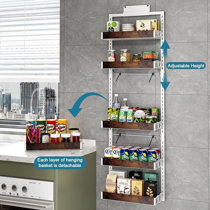 bukfen Over the Door Pantry Organizer, 6-Tier Adjustable Wooden Basket Kitchen Pantry Door Organization and Storage, Heavy-Duty Metal Hanging Kitchen Spice Rack,D6.3 x W17.71 x H50.60 inch,White-Ruum Studio Home