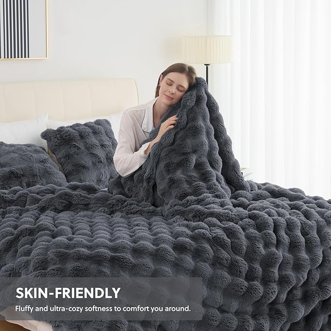 Cozy Faux Fur Throw Blanket for Couch Warm Fuzzy Throw Blanket, Soft Plush Thick Bubble Blankets for Bedroom and Living Room, Furry Luxury Blanket, 50 x 60, Grey-Ruum Studio Home