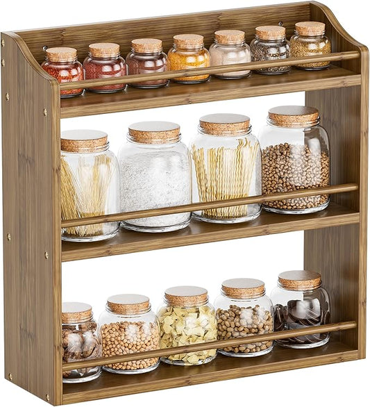 Spice Rack for Countertop, Bamboo Seasoning Jars Organizer Rack Shelf Wall Mounted, 15.83" W x 4.96" D x 15.75" H (Walnut)-Ruum Studio Home