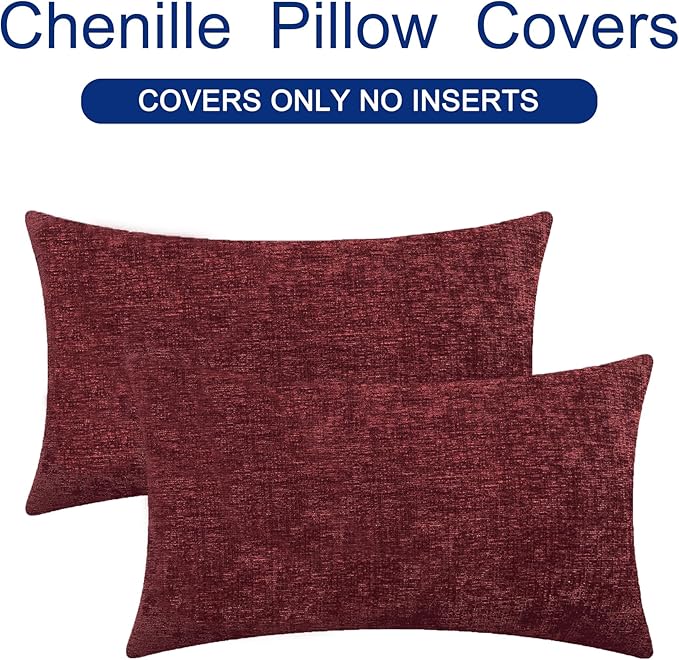 CaliTime Throw Pillow Covers Decorative 12 X 20 Inches Pack of 2 Cozy Chenille Cushion Cases for Couch Sofa Bed Living Room Home Burgundy-Ruum Studio Home