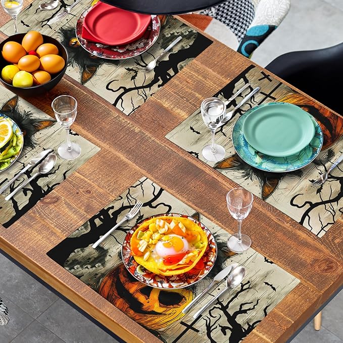 Halloween Black Cat Pumpkin 12x18 Placemats Set of 4 Happy Halloween Bat Branch Linen Table Place Mat Seasonal Fall Washable Heat Resistant Non Slip Table Placemats for Party Kitchen Dining Decor-Ruum Studio Home