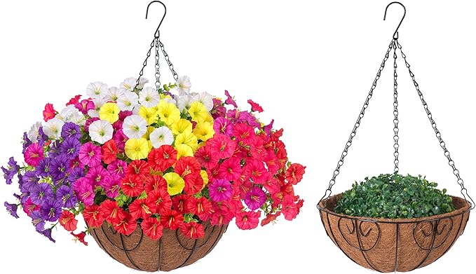 Artificial Faux Hanging Flowers Plants Basket for Outdoors, Silk Morning Glory with Eucalyptus in Planter Look Real UV Resistant Fake Flowers for Porch Outside Patio Balcony Yard Indoor Summer Decor-Ruum Studio Home
