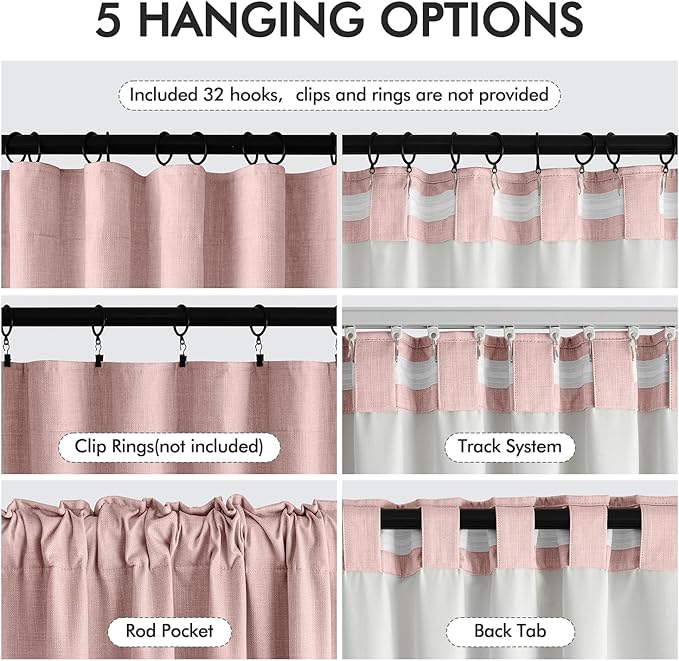 MIULEE 100% Blackout Curtains 120 Inch Long 2 Panels for Bedroom, Thick Luxury Faux Linen Black Out Curtain Room Darkening Back Tab Pleat Window Textured Drapes with Hooks for Living Room, Baby Pink-Ruum Studio Home