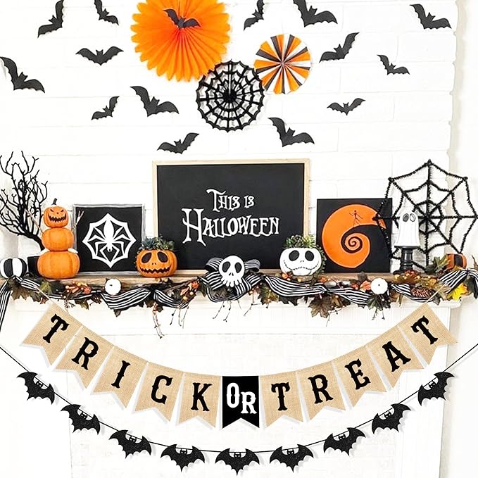 Uniwish Trick or Treat Burlap Banner Halloween Decorations for Mantel Fireplace Glitter Bat Garland Bunting Home Wall Decor Halloween Party Supplies-Ruum Studio Home