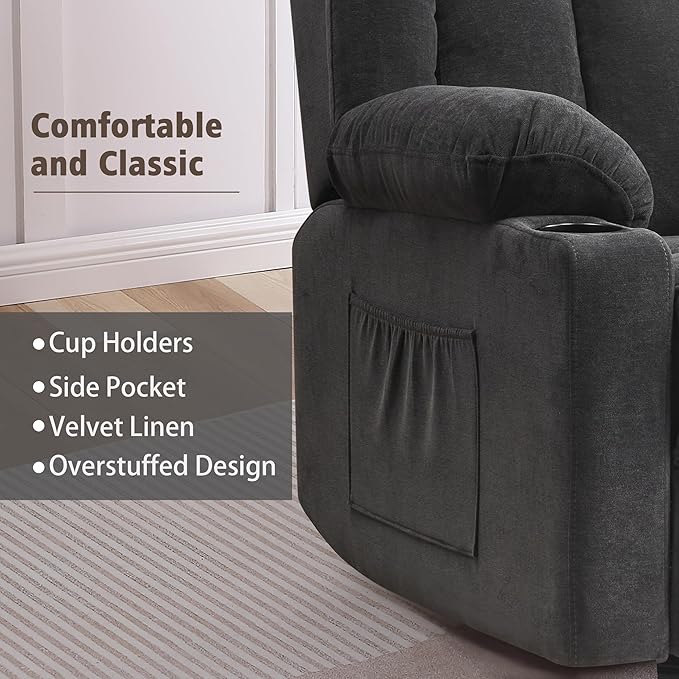 Rocker Swivel Recliner Chair for Adults, Overstuffed Large Manual Recliner Glider with Massage and Heat, Comfy Soft Fabric Living Room Reclining Sofa Chair (Black Fabric)-Ruum Studio Home