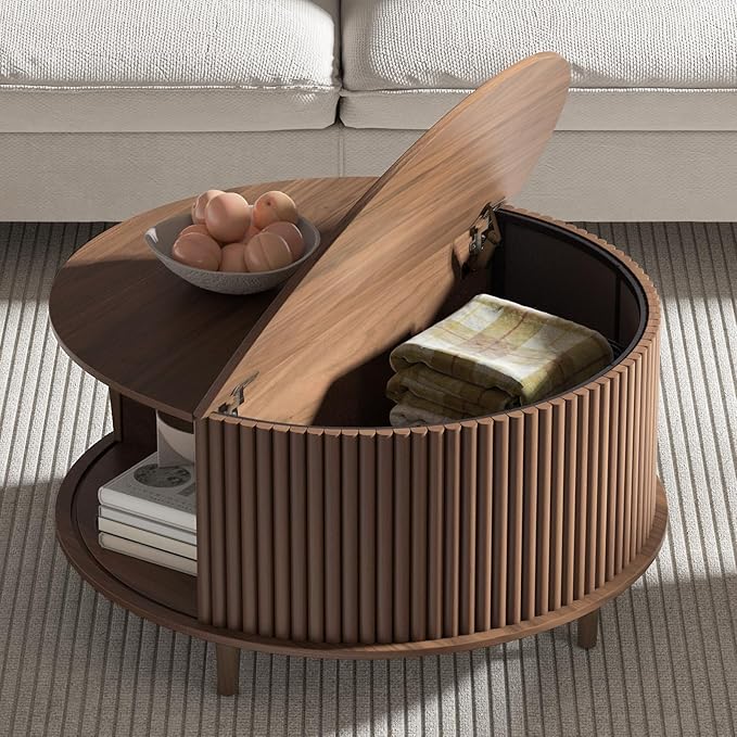 Round Coffee Table with Storage,Fluted Center Table with Sliding Cabinet Door for Living Room,Home Small Space,31.5" Small Center Table,Walnut-Ruum Studio Home