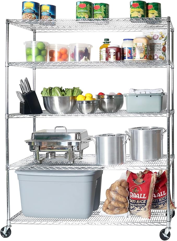 Seville Classics UltraDurable Heavy Duty NSF Solid Steel Wire Rack Storage Unit Wheels, 5-Tier Shelving, 60" W x 24" D-Ruum Studio Home