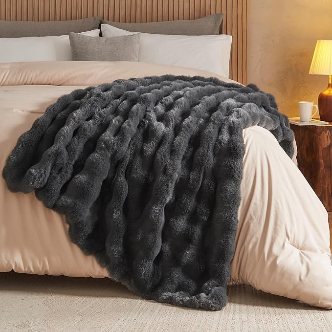 Lotus Karen Queen Size Faux Fur Blanket Dark Gray - Big Bubble Rabbit Fluff Throw for Bed Large Fluffy Fuzzy Cozy Thick Furry Plush Shaggy Blankets 90x90 Inches-Ruum Studio Home