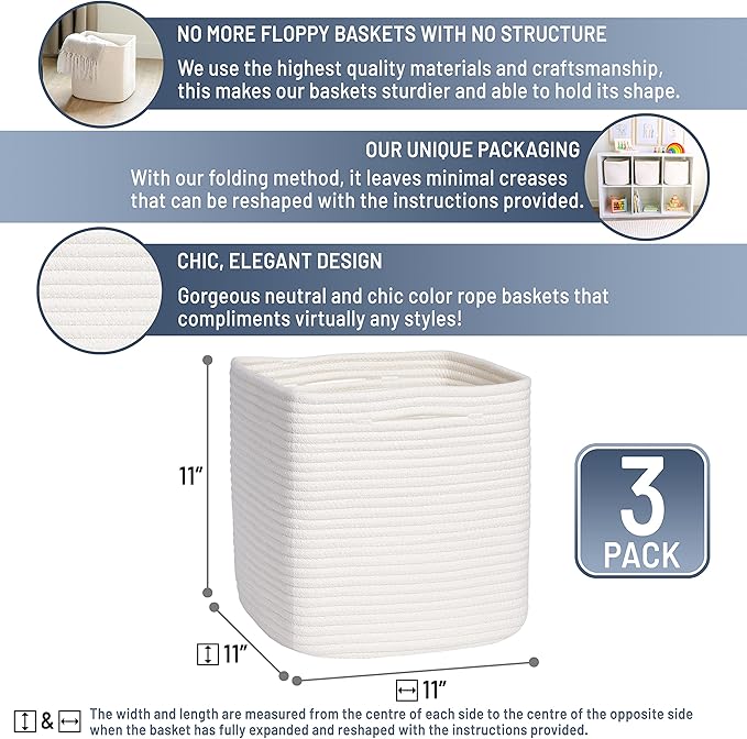 NaturalCozy Storage Cubes 11 Inch Cotton Rope Woven Baskets for Organizing, 3-Pack | Cube Storage Bin | Square Storage Baskets for Shelves Organizer, Classroom, Kids Toy Bins, Closet, Baby Nursery-Ruum Studio Home