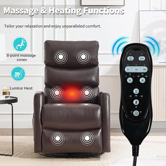 Manual Swivel Rocker Recliner Chair for Adults, Overstuffed Reclining Glider Chair for Nursing with Vibration Massage & Heat, Living Room Rocking Recliner 3-Stage backrest, Faux Leather Brown-Ruum Studio Home