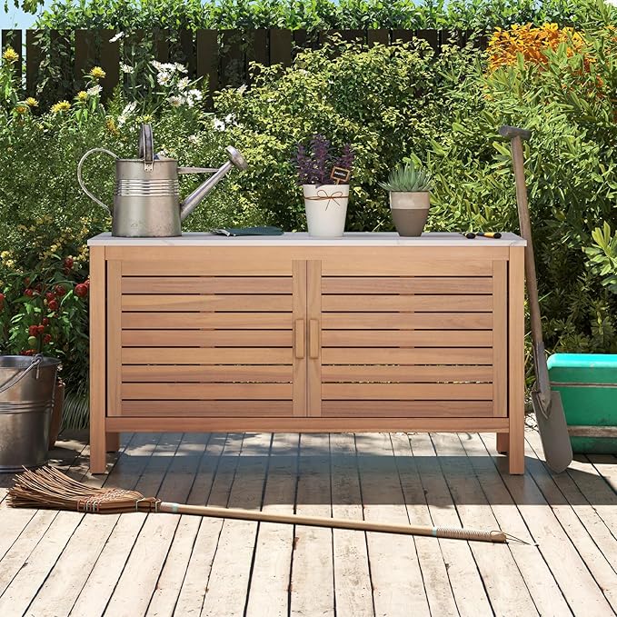 Goplus Patio Storage Cabinet, 2-Door Acacia Wood Storage Container with Faux Marble Top, Outdoor Wooden Sideboard for Deck, Garden, Lawn and Backyard-Ruum Studio Home