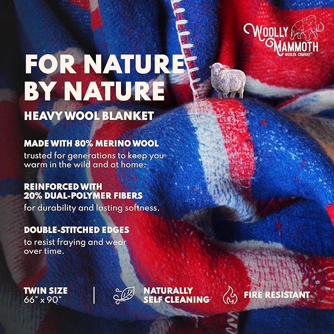 Woolly Mammoth Woolen Company Merino Wool Camping Blanket - 66 × 90 in, Red/White & Blue Plaid - 80% Merino Wool Heavyweight Outdoor Throw Blanket - Insulating for Picnic & Travel-Ruum Studio Home