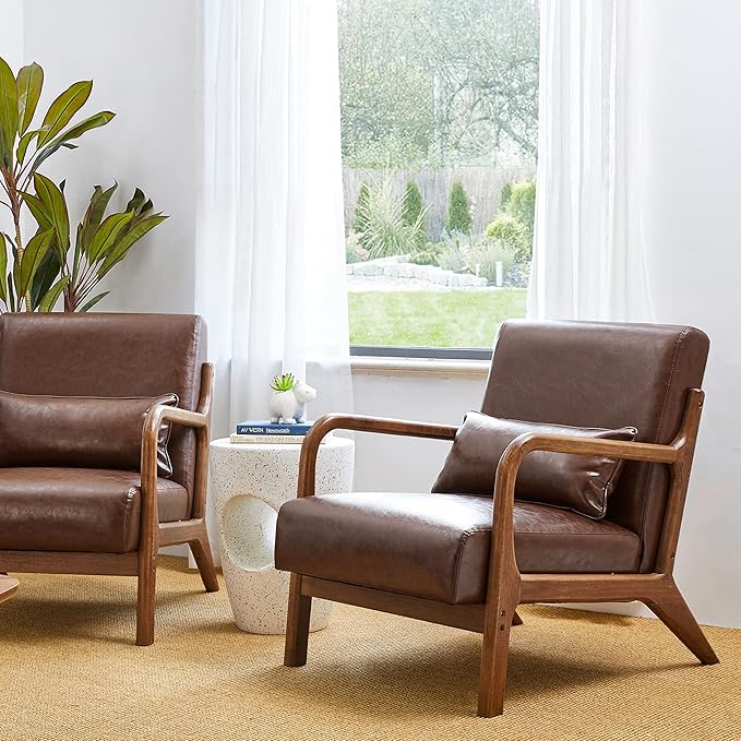 Glitzhome 30.75 "H Mid Century Coffee Accent Armchair, Single Reading Armchair PU Leather Lounge Chair with Walnut Ruberwood Frame-Ruum Studio Home
