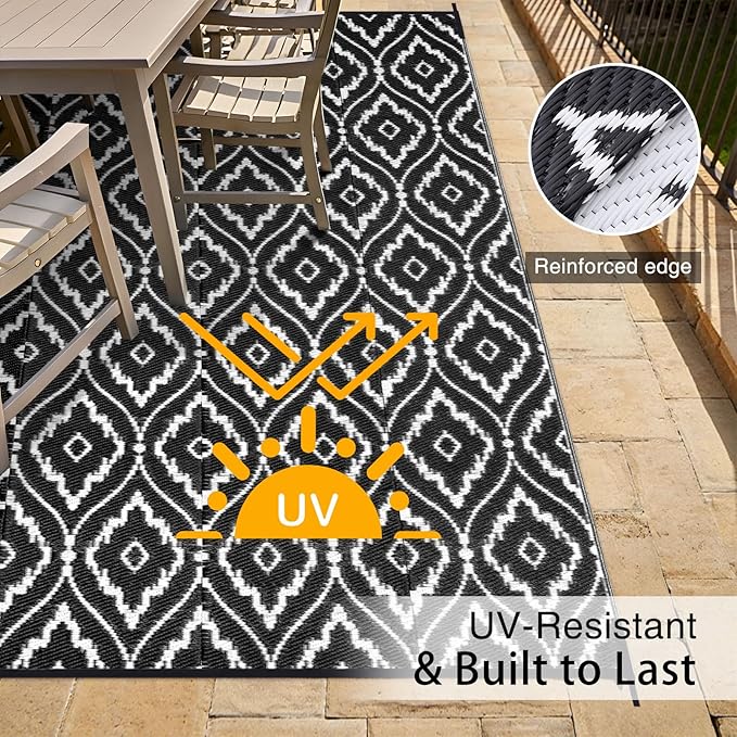 OLANLY Outdoor Rug 6x9 ft Waterproof, Outdoor Plastic Straw Rug with Geometric Pattern Clearance, Reversible RV Mat for Patio, Camping, Balcony, Deck, Backyard, Black & White-Ruum Studio Home