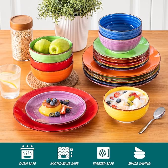 vancasso Bonita Dinnerware Set Muticolor Stoneware 18 Pieces Service for 6, Handpainted Spirals Pattern Stoneware Plates and Bowls Set-Ruum Studio Home