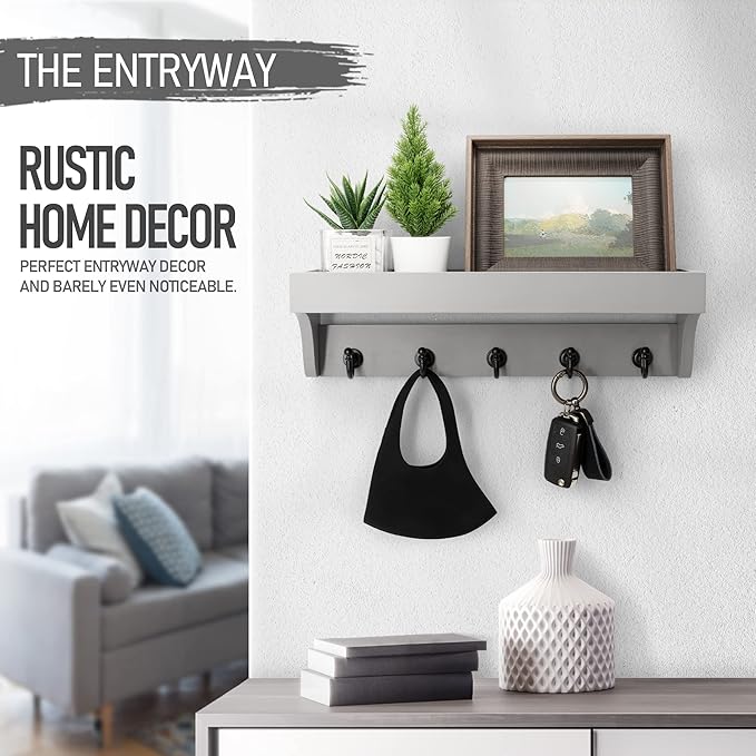 Rebee Vision Decorative Key Holder for Wall - Modern Farmhouse Wall Mount Mail Organizer Keys Hanger with Floating Shelf, 5 Rustic Key Hooks for Entryway Home Decor (Gray)-Ruum Studio Home
