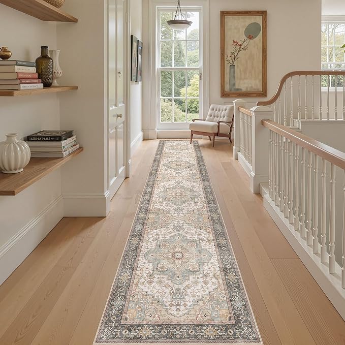 Washable 2.6x14 Runner Rug - Area Rugs Neutral Vintage Distressed Floral Farmhouse Boho Large Soft Floor Rug Indoor Carpet for Hallway Entryway Home - Forest Green Orange-Ruum Studio Home