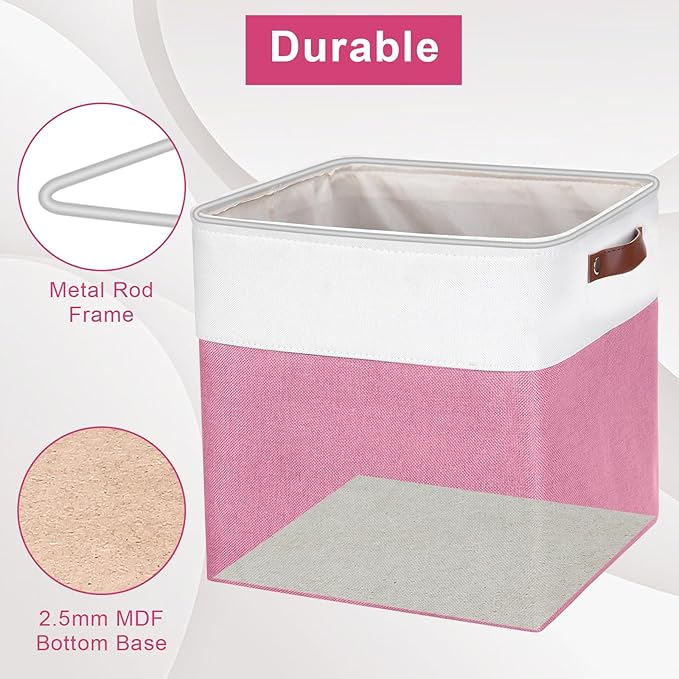 13x13 Cube Storage Bins, Collapsible Fabric Storage Box, 4 Pack Closet Baskets with Handles for Organizing, Shelf, Toys, Clothes, Home, Office, Nursery (Pink&White)-Ruum Studio Home