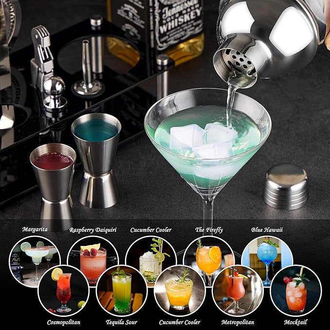 Cocktail Shaker Set Bartender Kit : 15-Piece Stainless Steel Bartender Kit with Acrylic Stand Bars Set with All Practical Bars Accessories, Bar Tools for Drink Mixing, Bar, Home, Lounge & Party-Ruum Studio Home