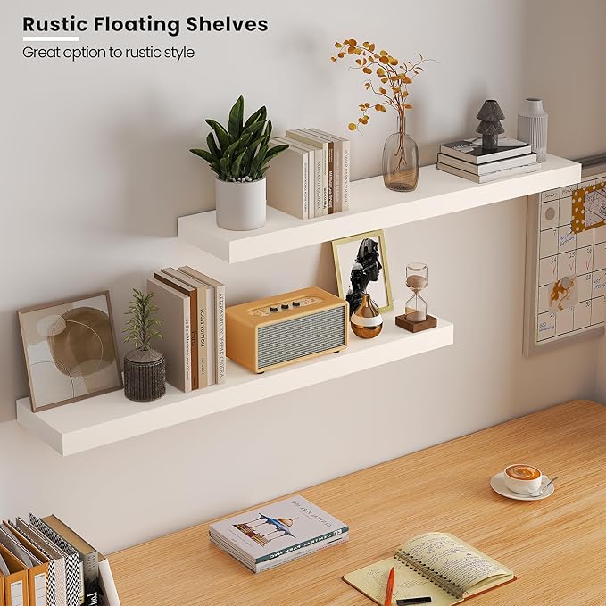 Floating Wood Shelves for Wall 36 Inches x 8”x 1.4” Shelf Floating Home Decor, Heavy Duty Shelf Hold 80 lbs, Wall Shelves for Bathroom Living Room Kitchen Bedroom Office - Set of 2 White-Ruum Studio Home