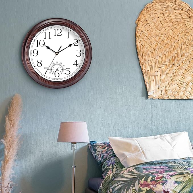 14 Inch Outdoor Wall Clock with Thermometers, Vintage Silent Wall Clocks Battery Operated, Retro Non-Ticking Clock Decorative for Living Room, Patio, Kitchen, Office, Bathroom, Bedroom(Bronze)-Ruum Studio Home