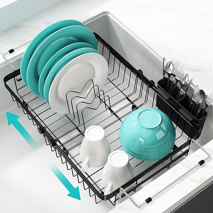 MAJALiS Dish Drying Rack in Sink -Expandable Stainless Steel Over Sink Dish Rack (11.3''-17''), Adjustable Capacity Dish Strainers for Kitchen Sink Counter with Utensil Holder, Black-Ruum Studio Home