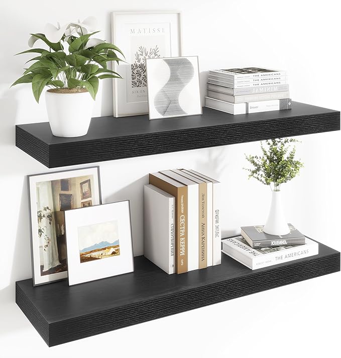 Heimlove 12 Inch Deep Floating Shelves, 48 x 12 inches Long Wall Shelf, Large Display Shelf & Storage Shelf, Rustic Wood Wall Shelves for Fireplace Mantel, Set of 2(Black)-Ruum Studio Home