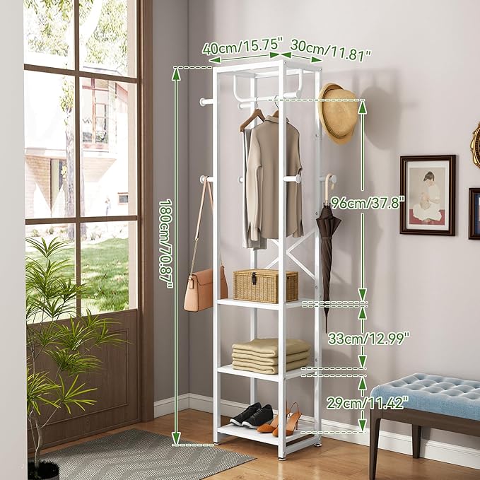 IBUYKE Coat Rack with Shelves, Freestanding Hall Tree with 3 Shelves and 8 Hooks, Industrial Clothes Stand for Entryway, Hallway, Bedroom, White UTMJ088W-Ruum Studio Home