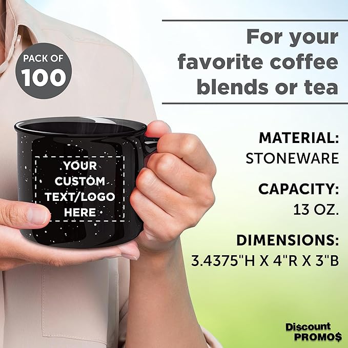 DISCOUNT PROMOS Custom Ceramic Campfire Coffee Mugs 13 oz. Set of 100, Personalized Bulk Pack - Perfect for Tea, Espresso, Cappuccino, Hot Cocoa - Black-Ruum Studio Home