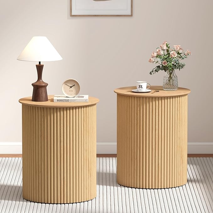 AVZEAR Small Round Side Table Fluted Night Stand Set of 2, Modern Boho End Table with Storage, 17.7" Circle Bedside Tables Wood Nightstands for Small Spaces, Living Room, Bedroom (Natural)-Ruum Studio Home