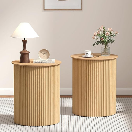 AVZEAR Small Round Side Table Fluted Night Stand Set of 2, Modern Boho End Table with Storage, 17.7" Circle Bedside Tables Wood Nightstands for Small Spaces, Living Room, Bedroom (Natural)-Ruum Studio Home