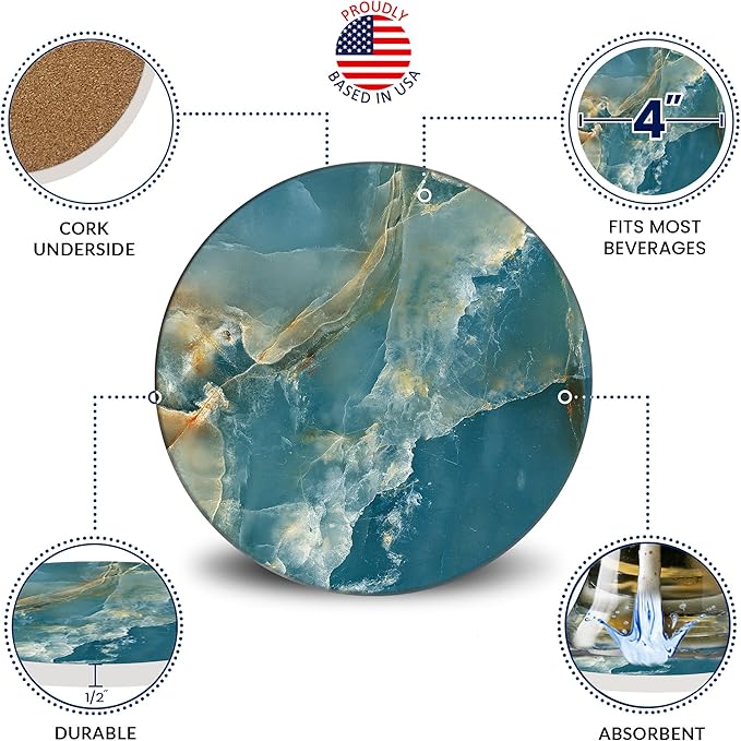Emerson Coasters for Drinks Absorbent – Natural Stone Drink Coasters Set with Holder, Coasters for Coffee Table, Wooden Tabletop Protection Marble Style – 100% Heavy Duty Set of 6 (Seaside)-Ruum Studio Home