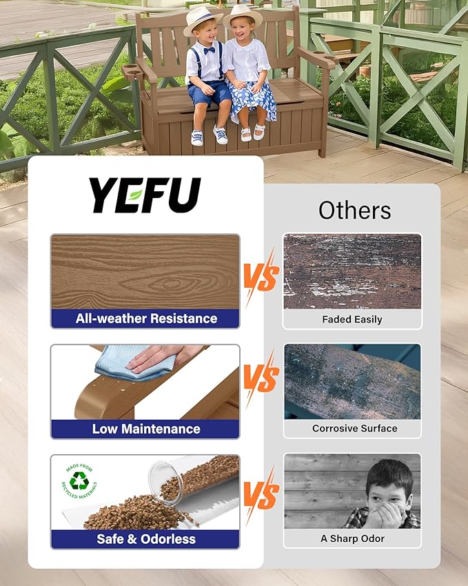 YEFU Outdoor Storage Bench for Patio: Heavy Duty Garden Bench Set of 2 with 96° High Backrest & Oversized Seating - HIPS Weatherproof Patio Bench with Storage for Porch Park Backyard, Teak-Ruum Studio Home