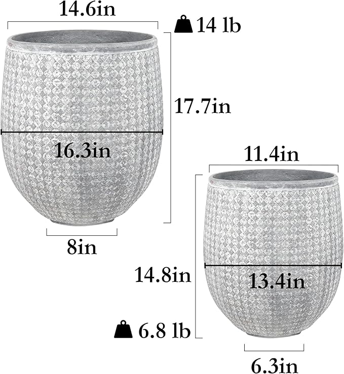 Worth Garden Large Round Planters Set of 2 (14.5"x17.5" & 12" x15“) - Lightweight Magnesium Oxide Cement Plant Pot with Texture - Grey Concrete Look with Drainage Hole – Indoor & Outdoor Use-Ruum Studio Home