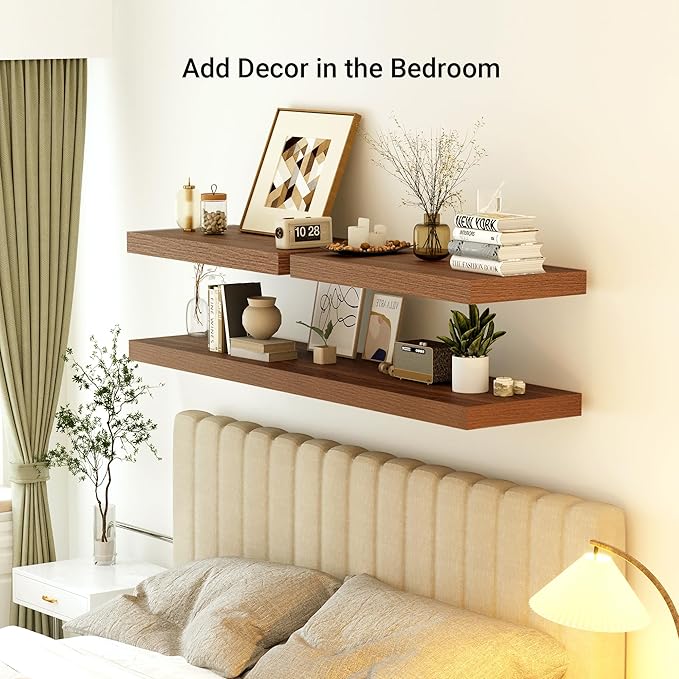 Heimlove 24 x 12 Inch Deep Floating Shelves Wall Mounted with Invisible Brackets,Storage Hanging Shelf for Wall Decor in Bathroom, Bedroom, Toilet, Kitchen, Living Room, Office Set of 1 (Walnut)-Ruum Studio Home