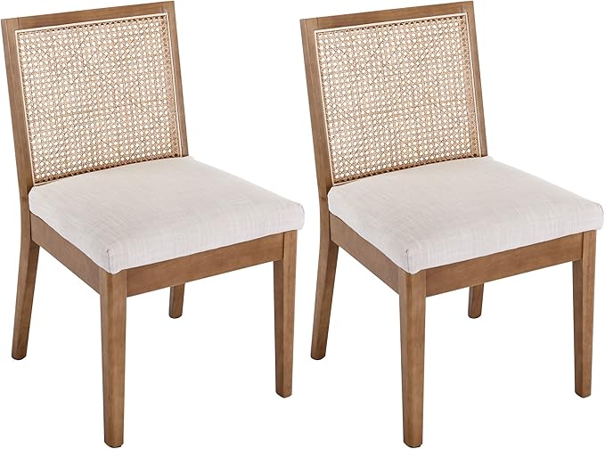 VESCASA Upholstered Dining Chairs with Square Rattan Back, Armless Padded Linen Cushion Dining Chairs with Wood Legs for Dining Room, Kitchen, Set of 2, Natural Frame-Ruum Studio Home