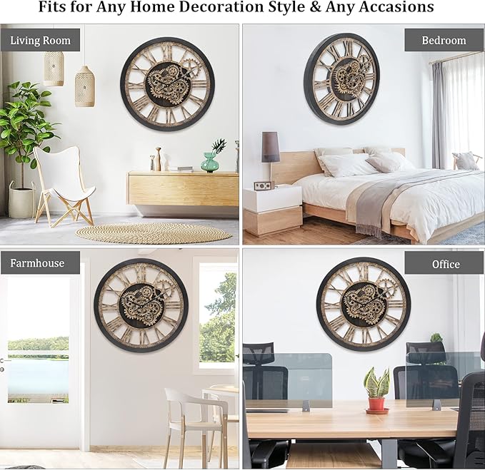 HOIBAI Large Wall Clock, 24 Inch Wall Clocks for Living Room Decor Farmhouse Vintage Rustic Kitchen Wall Decor Vintage Roman Big Oversized Wall Clock for Home Bedroom House Office, Moving Gears Clock-Ruum Studio Home