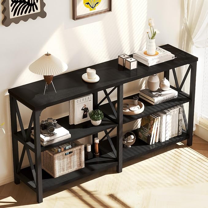 LVB Black Console Table, Modern Entryway Table with 3 Tier Storage Shelves, Industrial Sofa Table Behind Couch for Living Room, Farmhouse Wood Metal Entry Table for Hallway Foyer, Black Oak, 55 Inch-Ruum Studio Home