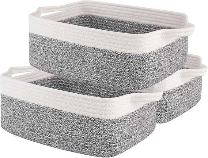OIAHOMY 3 Pack Storage Baskets for Organizing, Woven Cotton Rope Basket for Shelves, Closet Organizer Bins with Handles, Rectangle Toy Organization, 13.78''×9.84''×5.5'', Grey & White-Ruum Studio Home