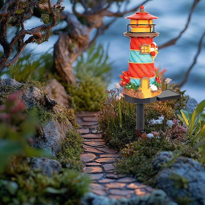 Dazzle Bright Miniature Lighthouse Pathway Decorative Lights, Solar Lights Outdoor Miniature Lighthouse Waterproof Garden Stake Light for Fairy Garden Pathway Lawn Yard Gifts Decoration-Ruum Studio Home