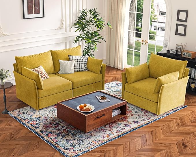 102.6" Modular Sectional Sofa, Oversized 3-Seater Couch with Removable Yellow Chenille Fabric Cover, Deep Seat & High Backrest for Living Room, Office & Apartment-Ruum Studio Home