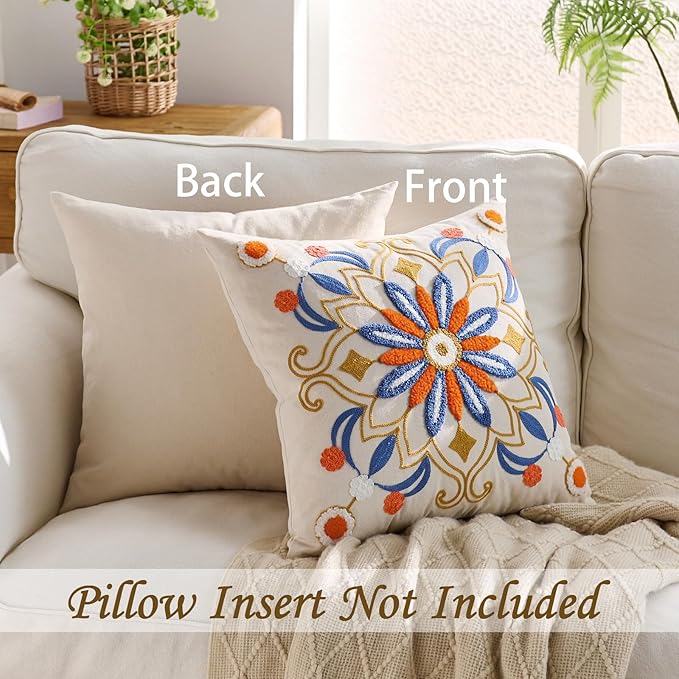 Embroidered Throw Pillow Cover 18x18 Classic Boho Floral Pattern Pillows Cover Outdoor Decorative Pillowcase,Durable Cozy Textured Cushion Case for Sofa Couch Bed Living Room,Orange Blue-Ruum Studio Home