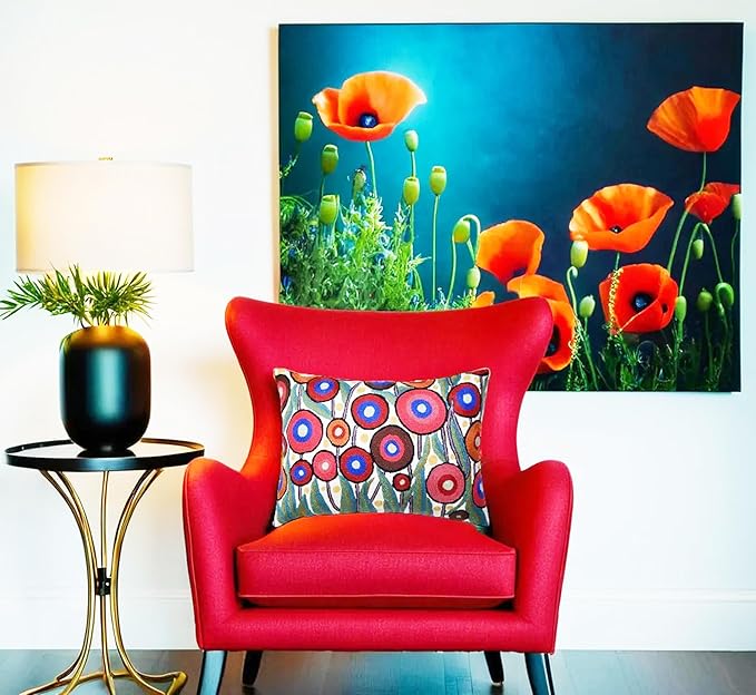 Cream Lumbar Poppy Floral Pillow Cover Red Poppies Flower Pillows White Farmhouse Chair Cushion Floral Cream Hand Embroidered Size 14x20-Ruum Studio Home