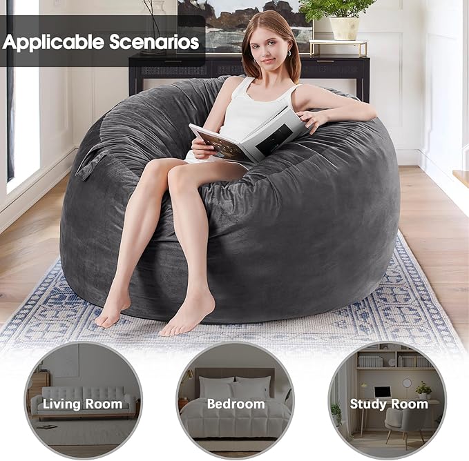 Bean Bag Chairs for Adults - Memory Foam Furniture BeanBag Chair - Kids/Teens Sofa with Soft Micro Fiber Cover - Round Fluffy Couch for Living Room Bedroom College Dorm - 4 ft, Gray Stripe-Ruum Studio Home