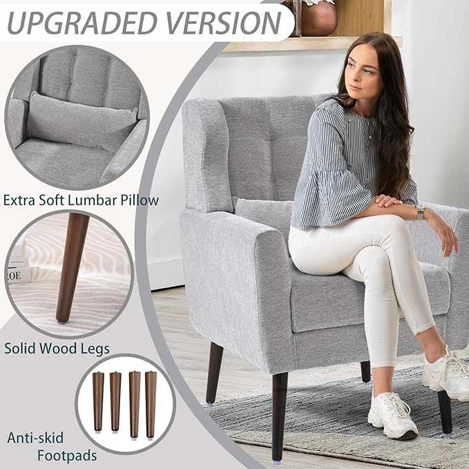 Accent Chair Set of 2, Upholstered Armchair with Pillow, Fabric Single Sofa Chair with Lounge Seat and Wood Legs Accent Chair for Living Room Small Spaces (Grey, Set of 2)-Ruum Studio Home