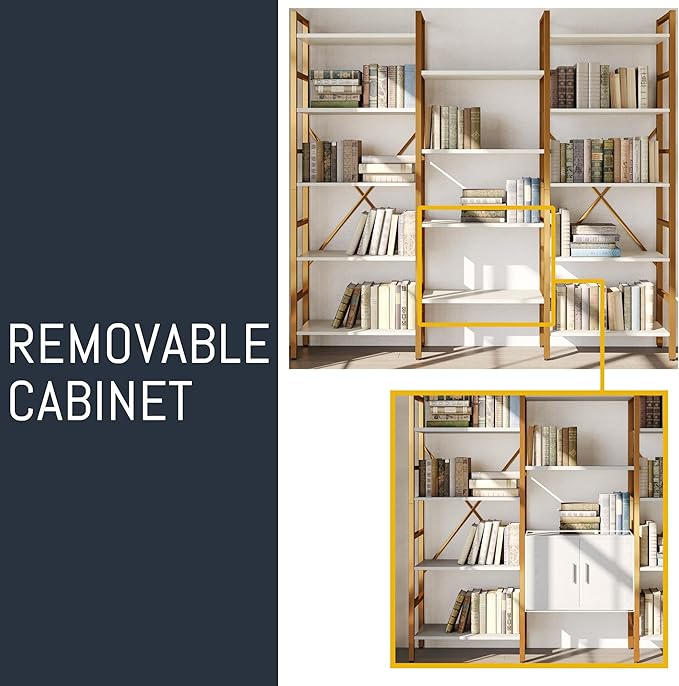 Triple 5 Tier Bookshelf, Industrial Large Bookcase with Storage Cabinet, Tall Gold Bookshelf with 14 Open Display Shelves Metal Frame Furniture for Living Room Bedroom Home Office Gold & White-Ruum Studio Home